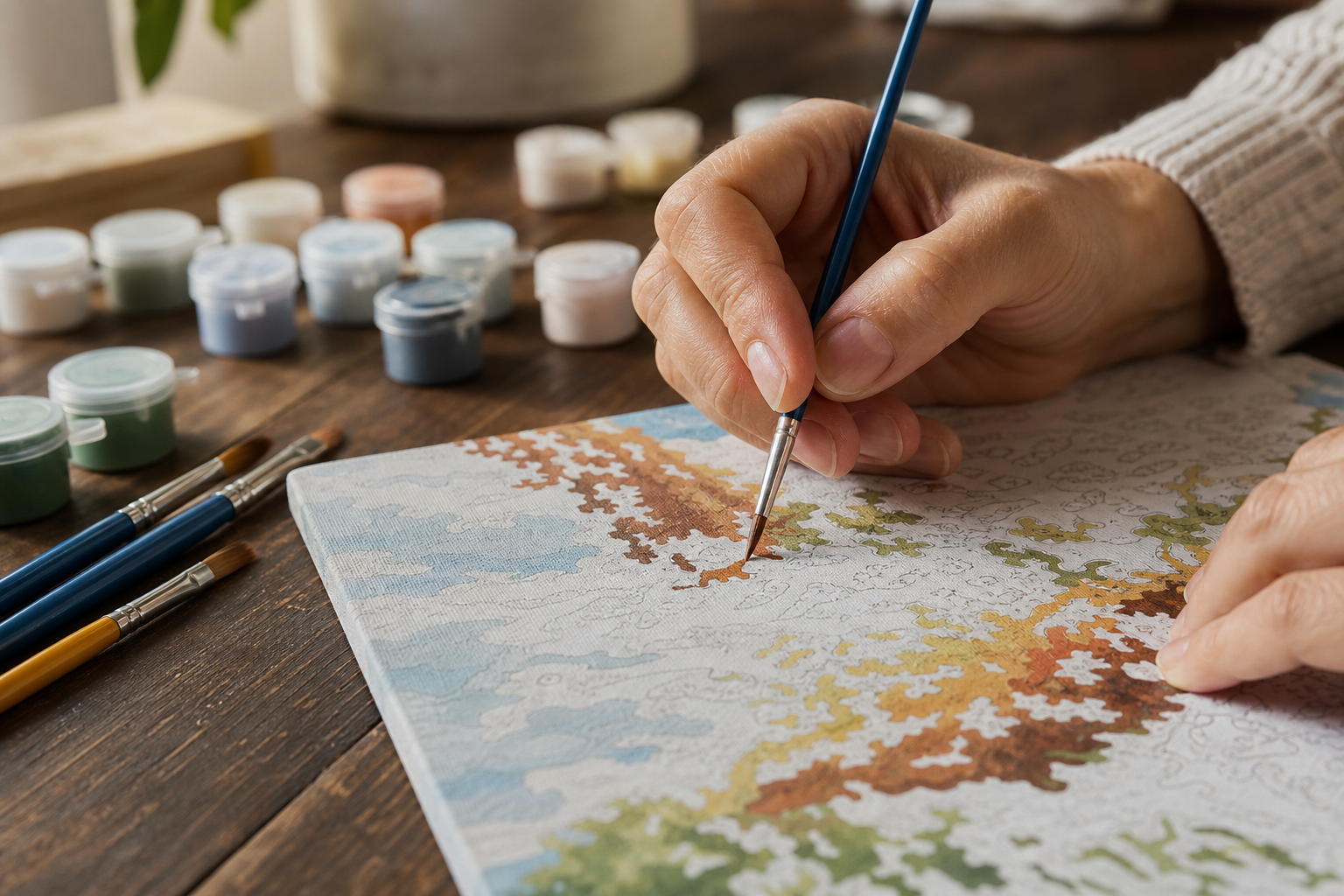Handen die een schilderen-op-nummer-canvas met genummerde vakjes inkleuren